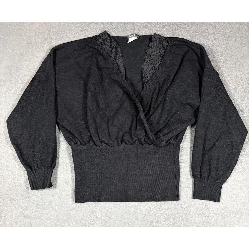 Venus Sweater Women Medium Black Lace Trim Surplice V-Neck Long Sleeve Knit